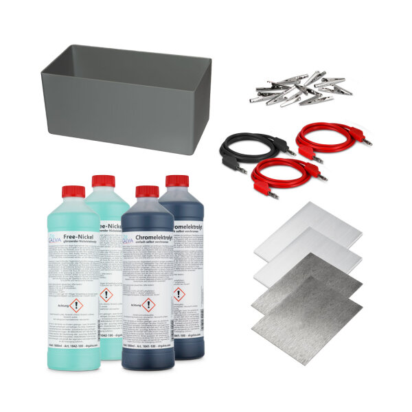 Set de Cromo + Níquel - juego completo de cromado para galvanizado por baño sin alimentación + 2x2l electrolitos